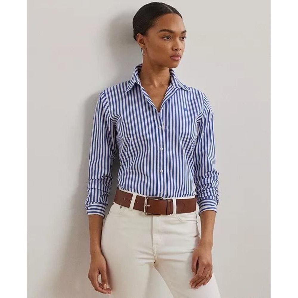 Lauren Ralph Lauren Blue White Striped Non-Iron Cotton Button Down Shirt M